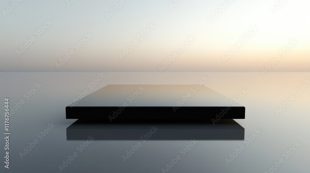 Poster minimalist rectangular platform with a reflective black surface, surrounded by a neutral gray backgr