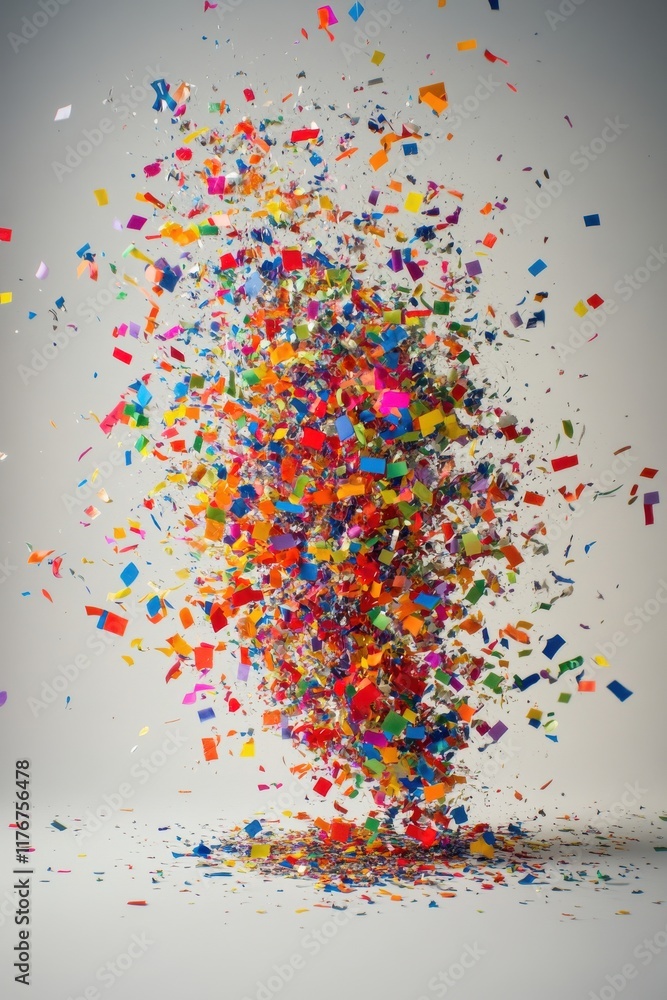 Poster a vibrant explosion of multicolored confetti on a neutral background, creating a festive and joyful 