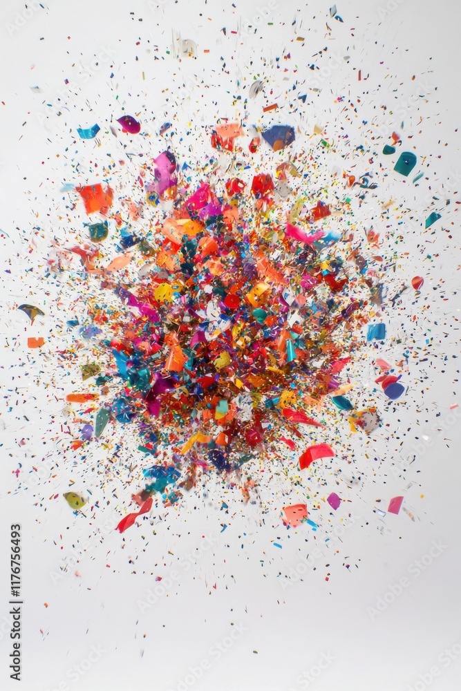 Poster an explosion of vibrant confetti in various colors creating a festive mood against a white backgroun