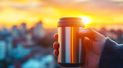 Warm hands grasp travel mug against vibrant sunset city backdrop