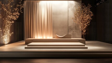 Obraz premium Minimalist stage design with a stepped platform in soft beige, clean backdrop, and gentle spotlight for modern presentations.