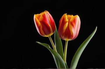 there are two red and yellow flowers in a vase