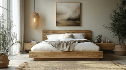 A serene bedroom featuring a wooden bed, natural decor, and soft textiles for relaxation.