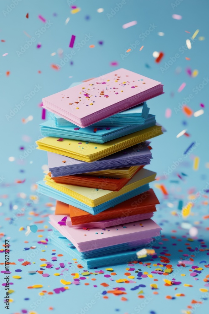 Poster colorful stack of paper sheets with confetti falling around, creating a festive and playful atmosphe