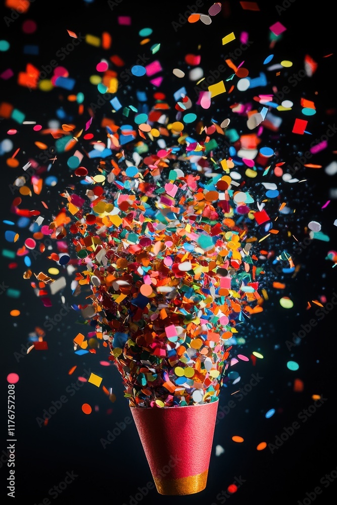 Aufkleber a burst of colorful confetti exploding from a red party horn against a dark background.