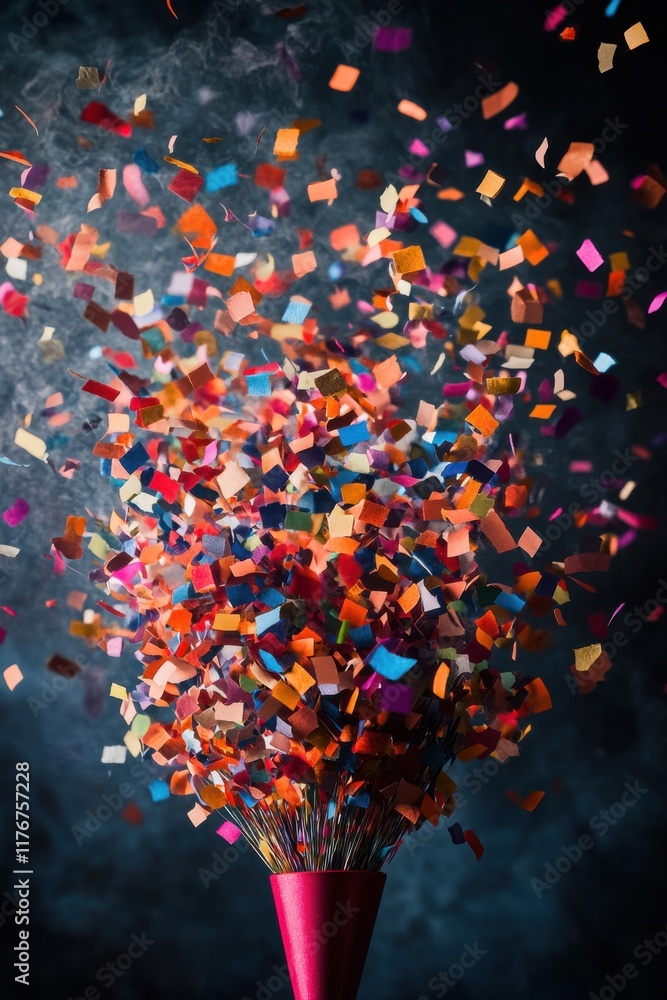 Poster a burst of colorful confetti explodes in the air, creating a festive atmosphere against a dark backg