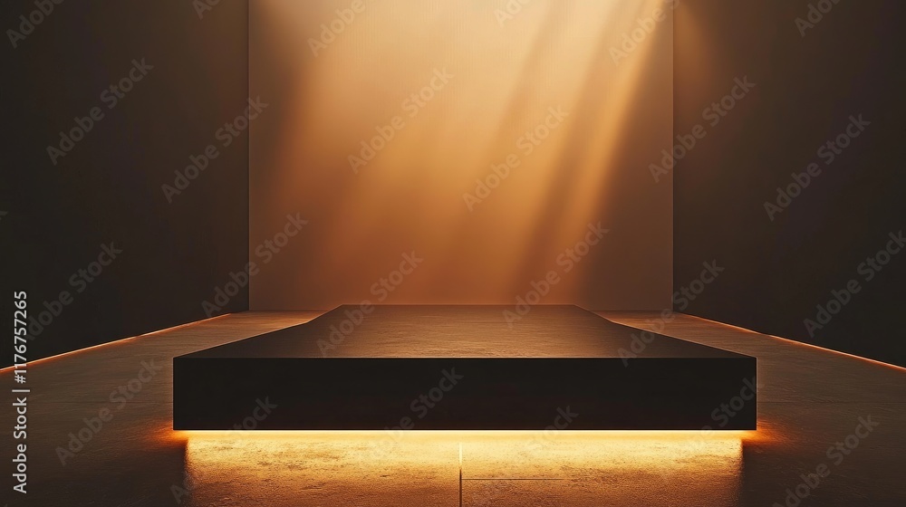 Poster rectangular minimalist stage with smooth black surface, surrounded by ambient soft lighting on a neu