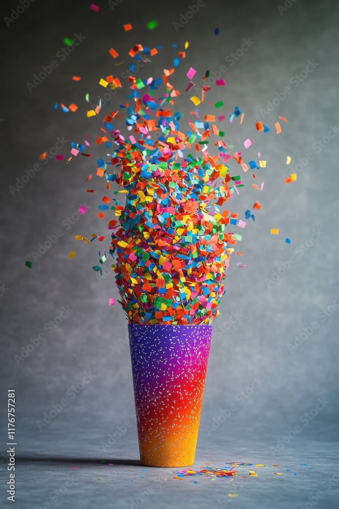 Poster a vibrant cone overflowing with colorful confetti, creating a festive and cheerful atmosphere.