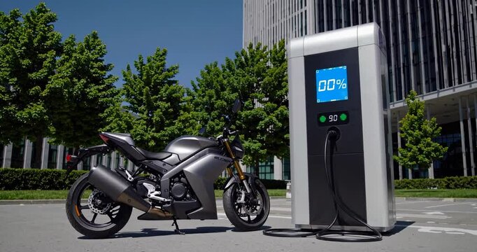 An electric motorcycle is charged at an electric charging station in the city