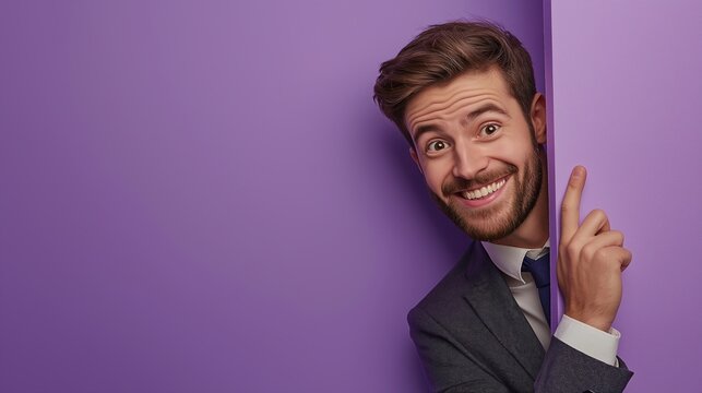 Cheerful Businessman Peeking from Purple Background