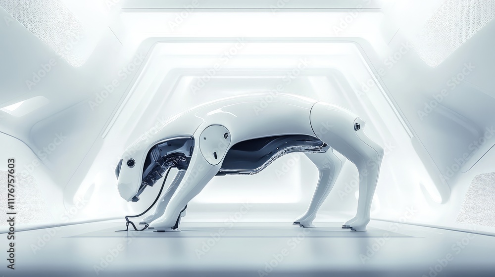 Poster robot dog charging at a futuristic docking station, surrounded by minimal design elements and a neut