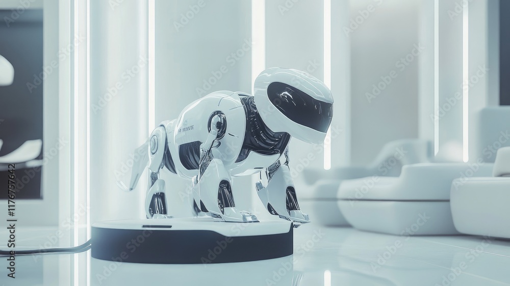 Poster robot dog charging at a futuristic docking station, surrounded by minimal design elements and a neut