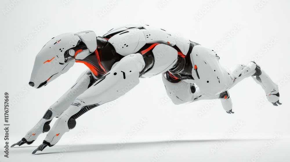 Poster robot dog in a dynamic running pose, captured mid-motion on a clean white surface with subtle shadow