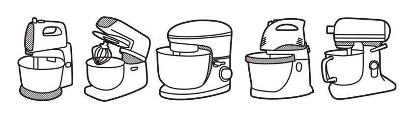 black and white line art of kitchen utensils, dough mixer vector images collection