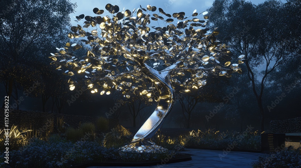 Poster robot tree in a futuristic garden, with metallic leaves swaying in the wind, illuminated by soft art