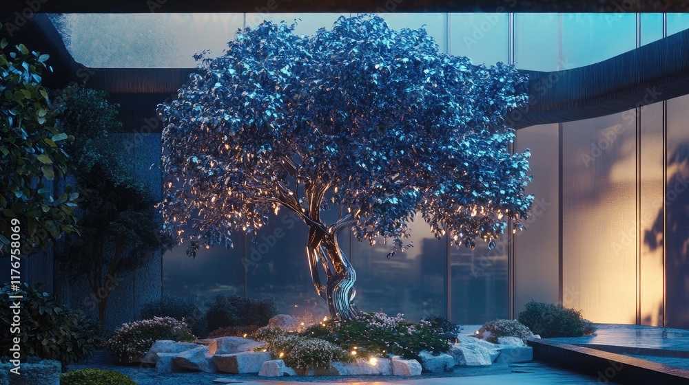 Poster robot tree in a futuristic garden, with metallic leaves swaying in the wind, illuminated by soft art