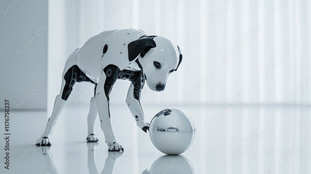 Poster robotic dog interacting with a spherical device, displayed in a minimalist setting with a smooth whi