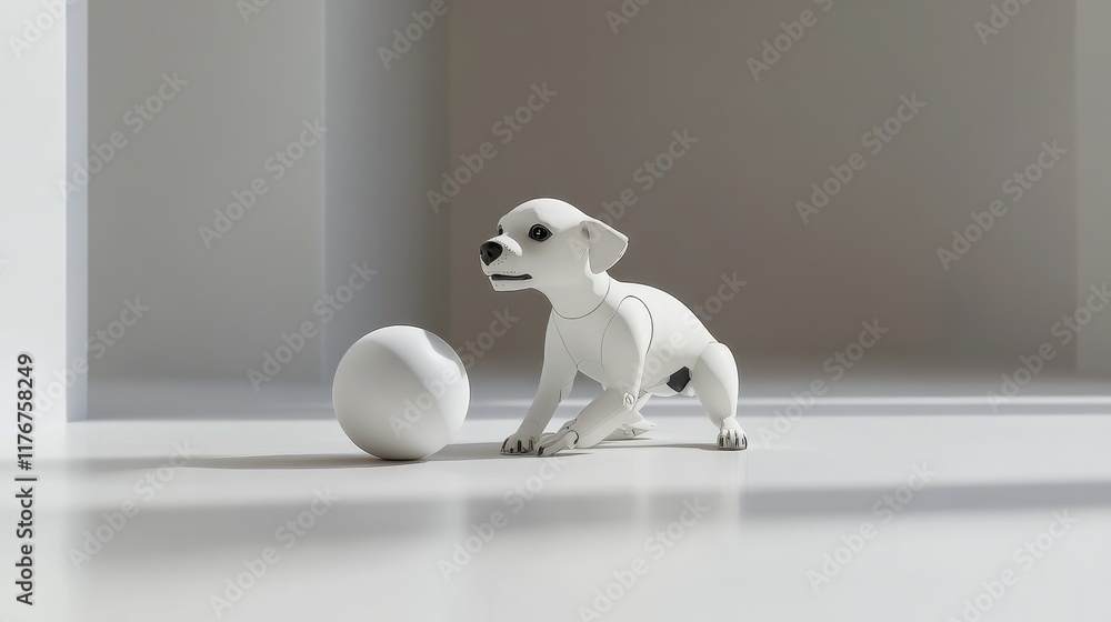 Poster robotic dog interacting with a spherical device, displayed in a minimalist setting with a smooth whi
