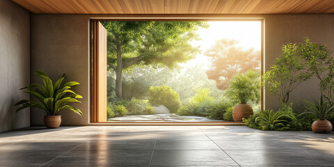 Fototapeta premium Sunlit interior with open doorway overlooking lush garden tranquil space modern design natural serenity indoor-outdoor harmony