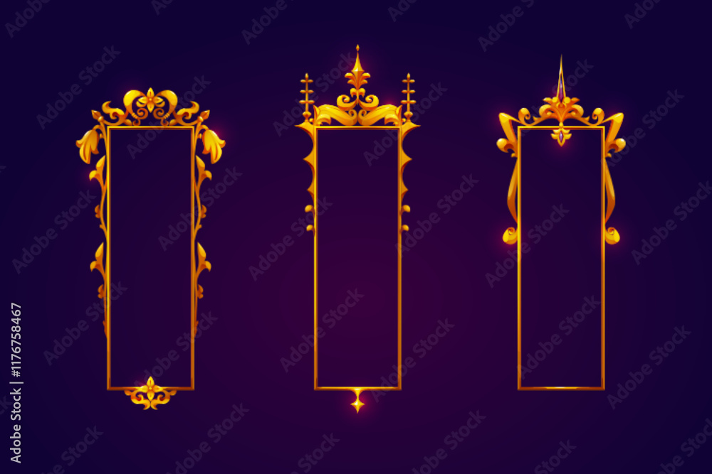 Poster medieval vertical game frames collection - golden ornamental borders with royal design with elegant 
