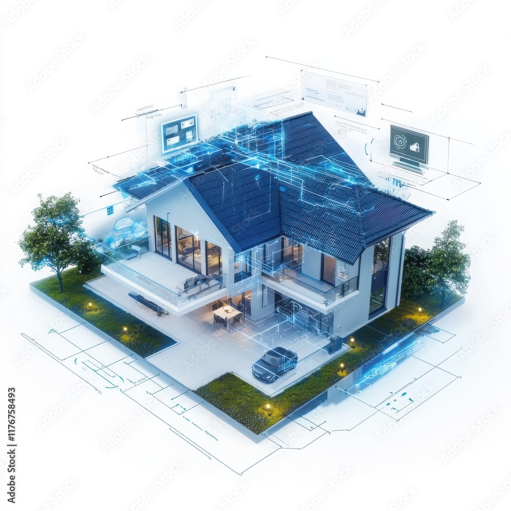 Poster innovative cybersecurity program integrating advanced technology for smart home solutions modern arc