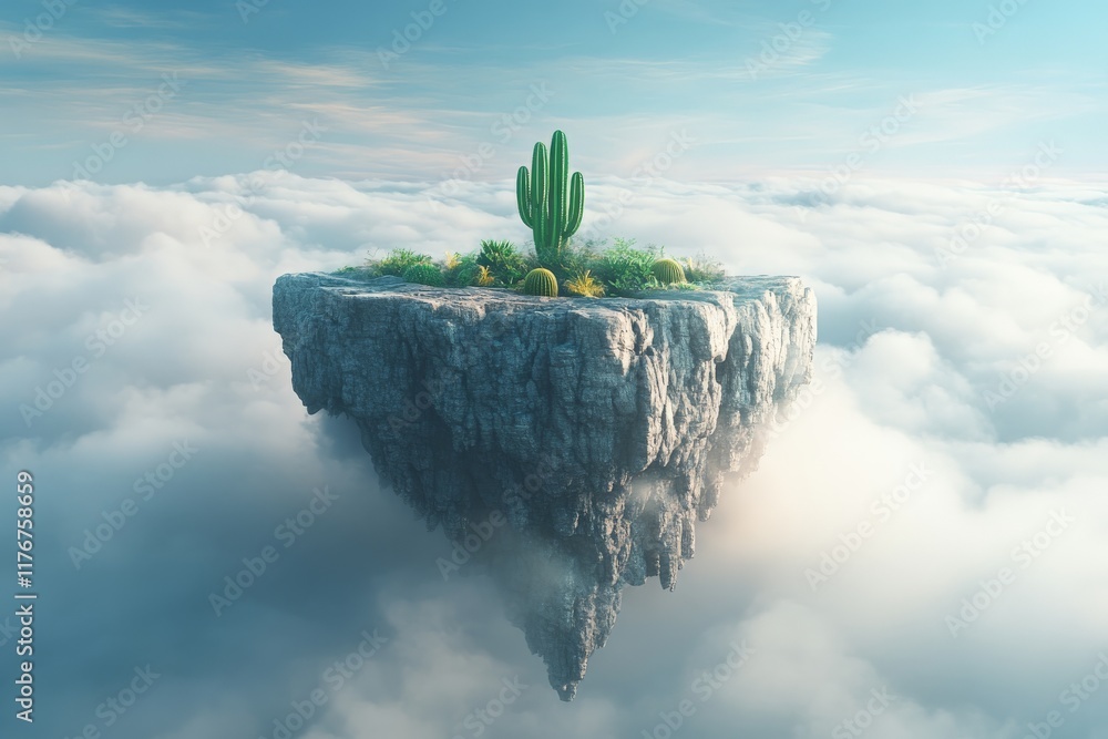 Poster a spectacular floating island, dominated by various cacti, emerges from soft cumulus clouds, evoking