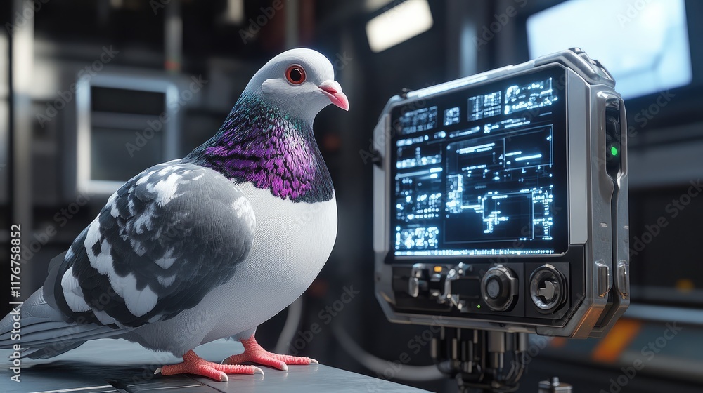 Poster robotic pigeon interacting with a high-tech device, showing its advanced sensors and robotic feature