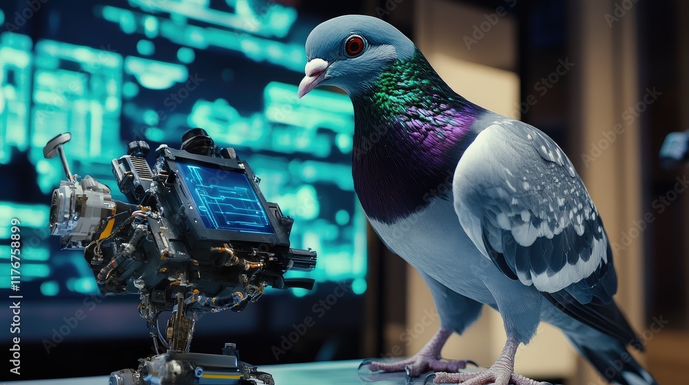 Poster robotic pigeon interacting with a high-tech device, showing its advanced sensors and robotic feature