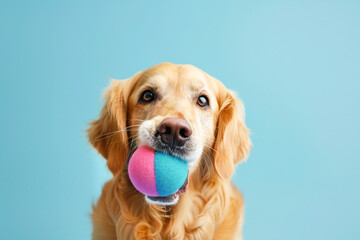 Happy dog with an orange ball in mouth, staring at the camera with a playful and curious look.
