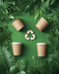 Eco-friendly coffee cups arranged in a circular pattern among lush green leaves, symbolizing sustainability.