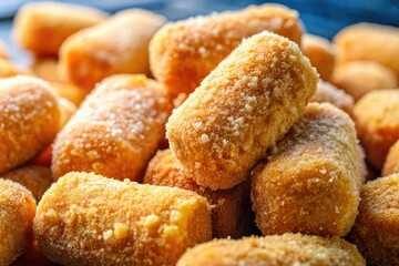 Golden-brown croquettes, frozen perfection, await the pan.  Prepare for a delicious, crispy treat.
