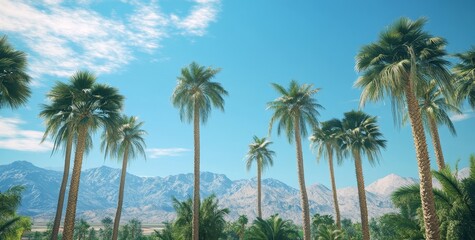 Palm trees against a mountain backdrop under a clear blue sky.