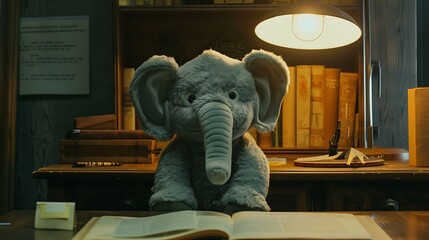 A lovely pale gray plush elephant is perched atop a dimly lit hardwood desk