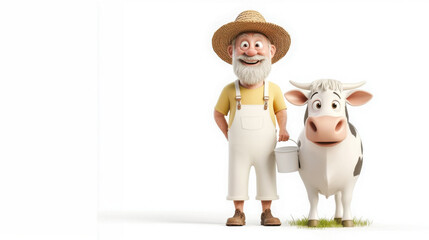 Naklejka premium 3D figure of a farmer - a smiling bearded man in a white canvas overalls with a bucket of milk in his hand next to a happy cow, white neutral background