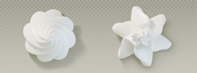 Whipped cream 3d shapes - swirled rosette and star decorative patterns. Realistic white frosting elements with soft shadows top view for bakery designs, dessert menus or confectionery presentations.
