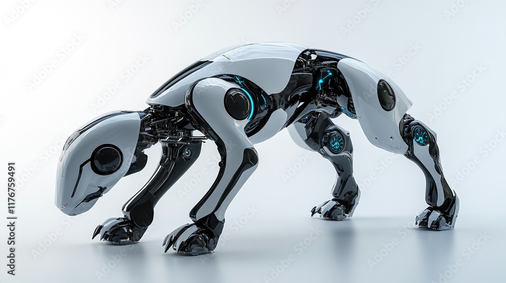 Poster side view of a robot dog walking on a smooth, reflective surface, its advanced robotic features high