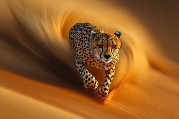Obraz premium A swift cheetah races through a vibrant desert landscape, majestic and powerful amidst a swirl of golden sand, showcasing the grace and speed of this remarkable predator.