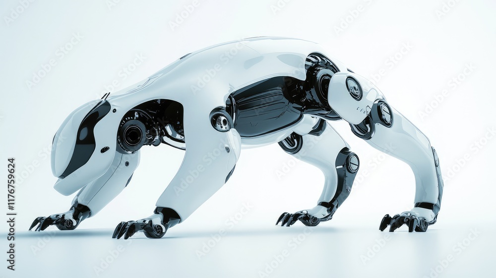 Poster side view of a robot dog walking on a smooth, reflective surface, its advanced robotic features high