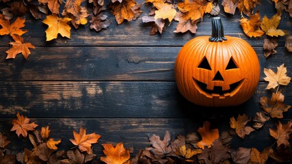 Halloween pumpkin surrounded by autumn leaves on wooden table