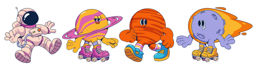 Groovy astronaut and planets isolated on white background. Contemporary vector cartoon illustration of man floating in spacesuit and helmet, cute moon, mars and saturn globes smiling, rollerblading