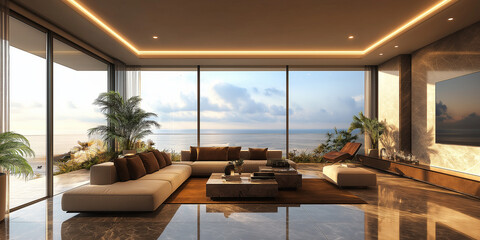 Fototapeta premium Stunning modern living room interior view overlooking the ocean at sunset luxury home design tranquil environment captivating perspective