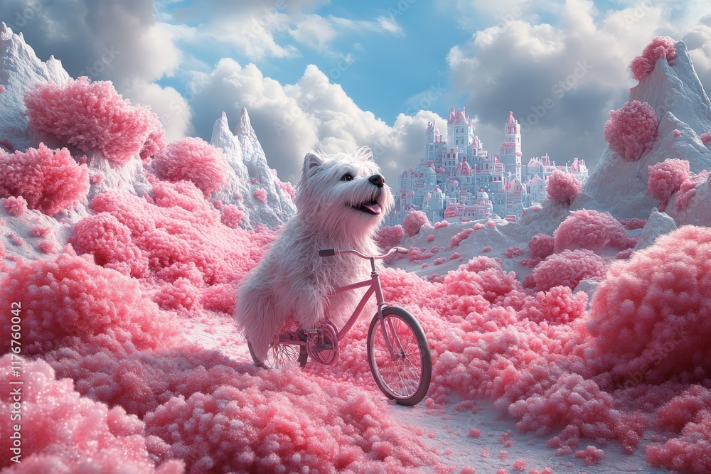 Aufkleber an imaginative scene featuring a fluffy white dog riding a bicycle amidst a surreal landscape of pin