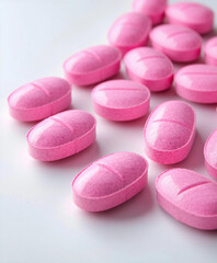 Close up top view of oval shaped bright pink pills on a white background. with copy space image