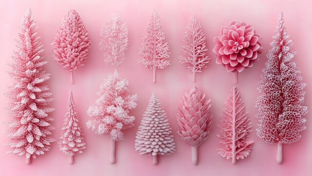 Unique pink forest with various frosted trees and a flower