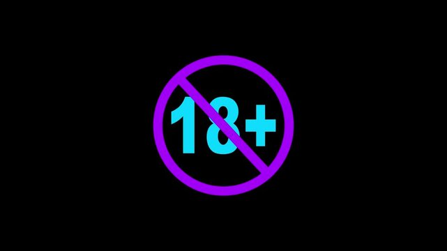 Animated Under 18 forbidden ban icon on black background. 18 not allowed logo animation. 18 Plus movie icon.