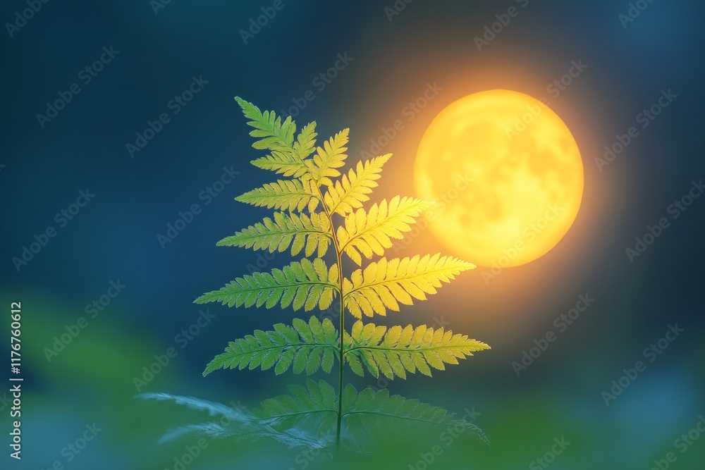Poster A vibrant fern stands illuminated against a luminous moon backdrop, creating a striking visual contrast that evokes tranquility and nature's beauty at dusk.