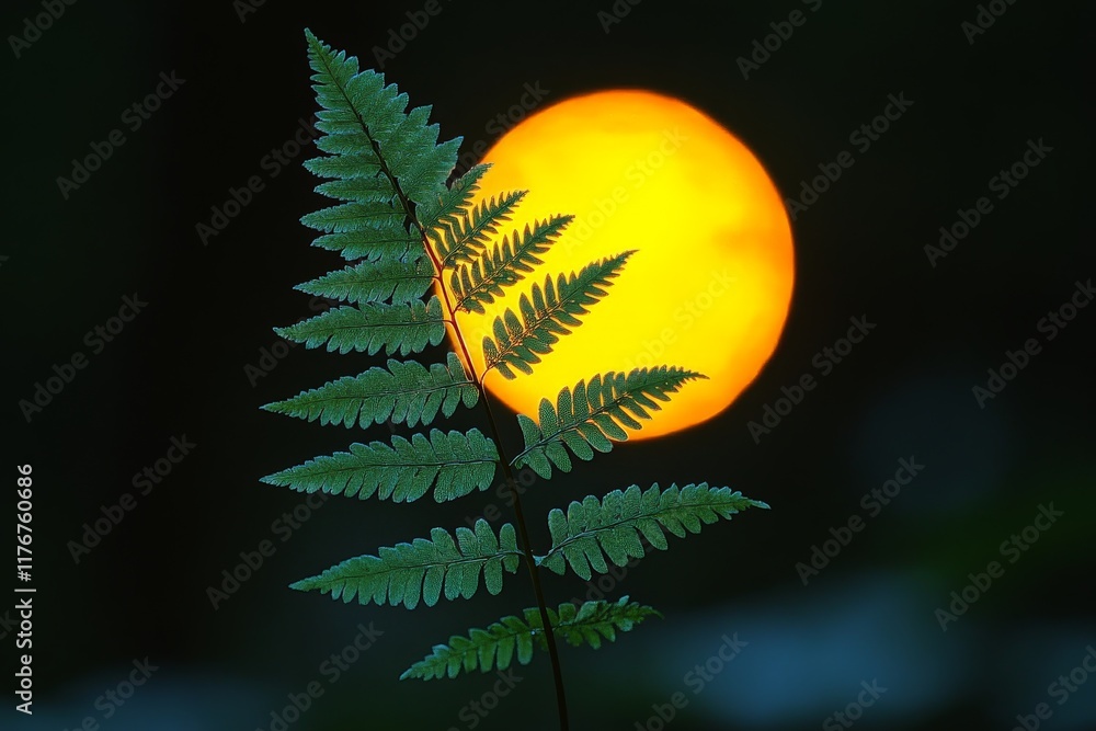 Poster A delicate fern contrasts with a glowing yellow moon in the background, creating a harmonious blend of nature and celestial beauty that captivates the viewer.