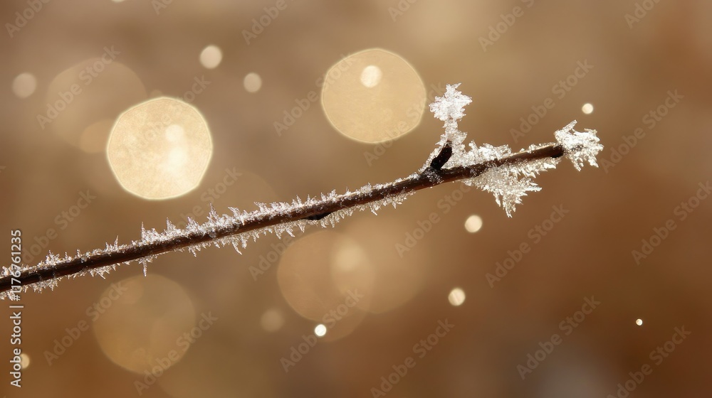 Poster snow resting on a small twig, tiny ice crystals glittering in sharp focus against a softly blurred w