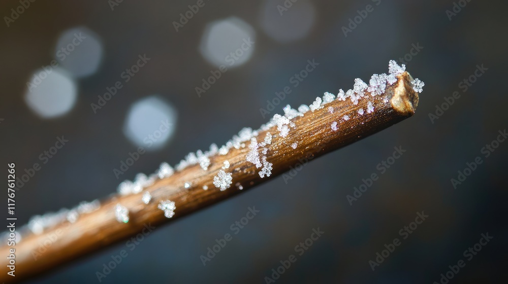 Poster snow resting on a small twig, tiny ice crystals glittering in sharp focus against a softly blurred w