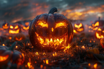 Pumpkin Field With Glowing Jack-O'-Lantern on Halloween